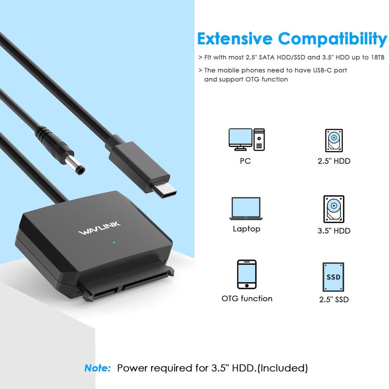WAVLINK SATA to USB Type-C Hard Drive Cable, 5Gbps USB C to Sata Cable Support UASP, External Hard Drive SATA I/II/III Connector 2.5" SSD/HDD and 3.5" HDD up to 20TB, Power Adapter Included - Image 3